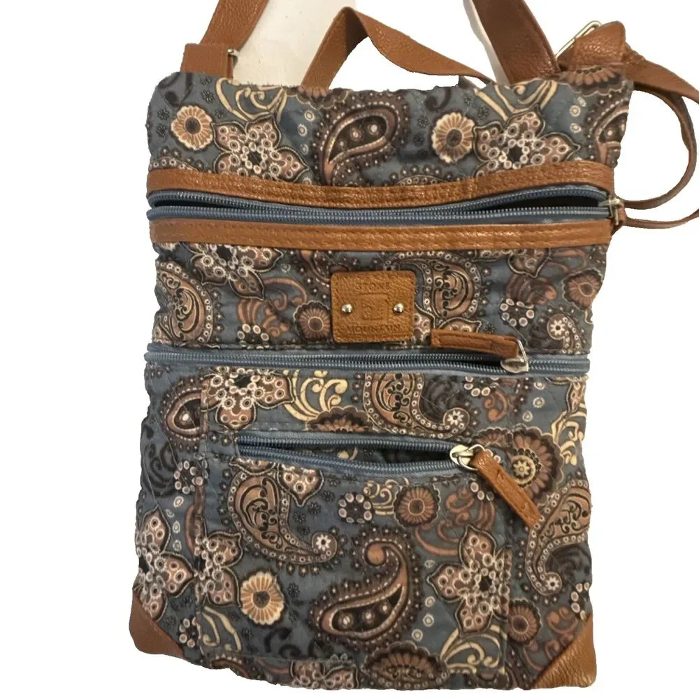 Stone Mountain Blue Paisley Patterned Crossbody Bag Adjustable Strap Boho Hippie